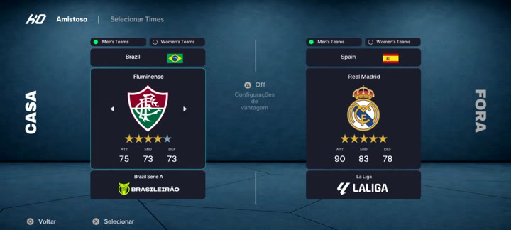 Tela de escolha de times: Fluminense x Real Madrid com ratings